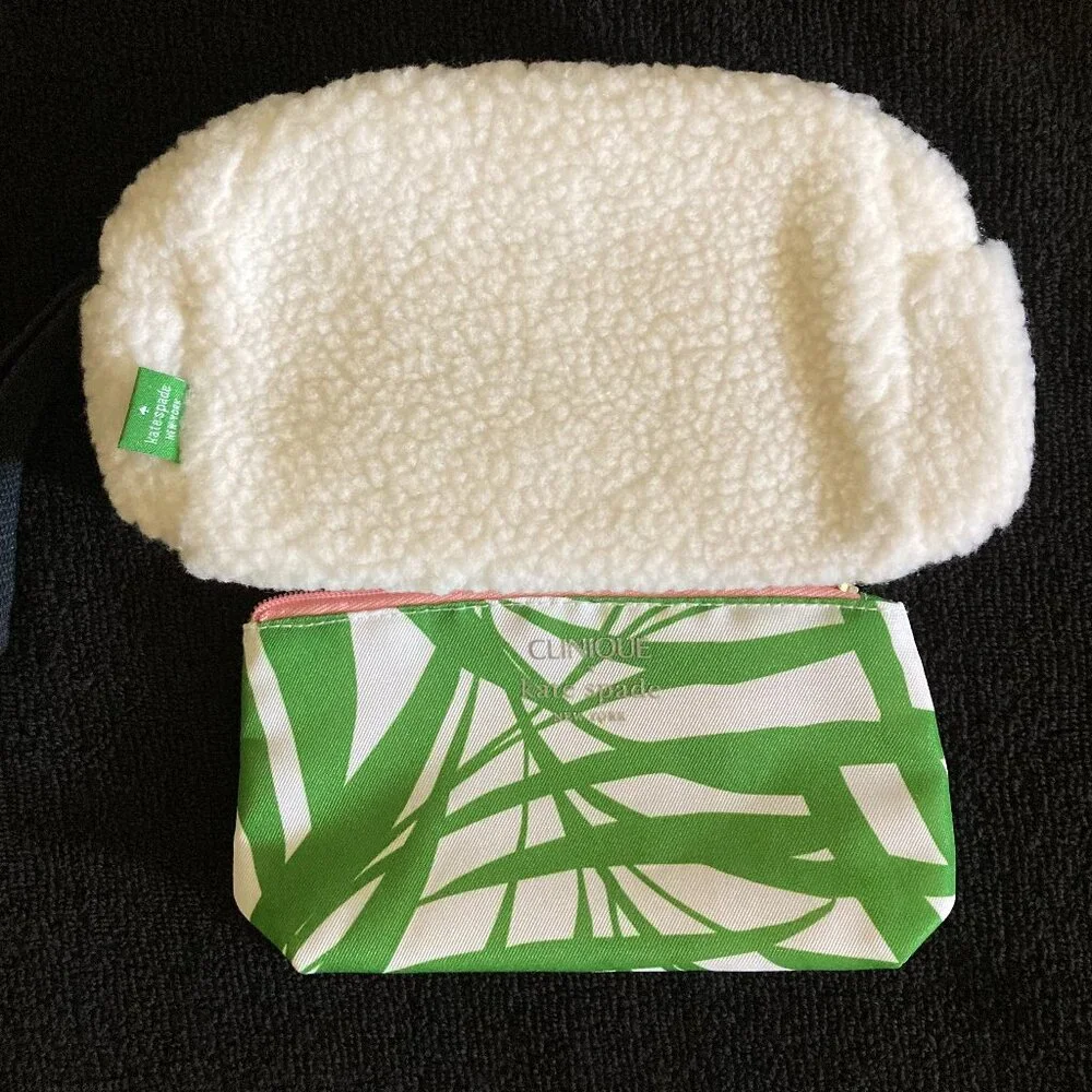 Kate Spade White Sherpa Cosmetic Bag and Clinique Green/White Bag